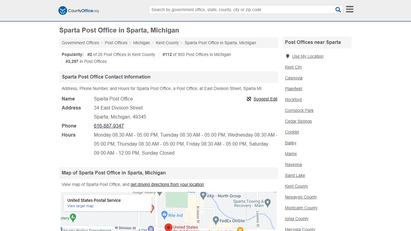Sparta Post Office - Sparta, MI (Address, Phone, and Hours)